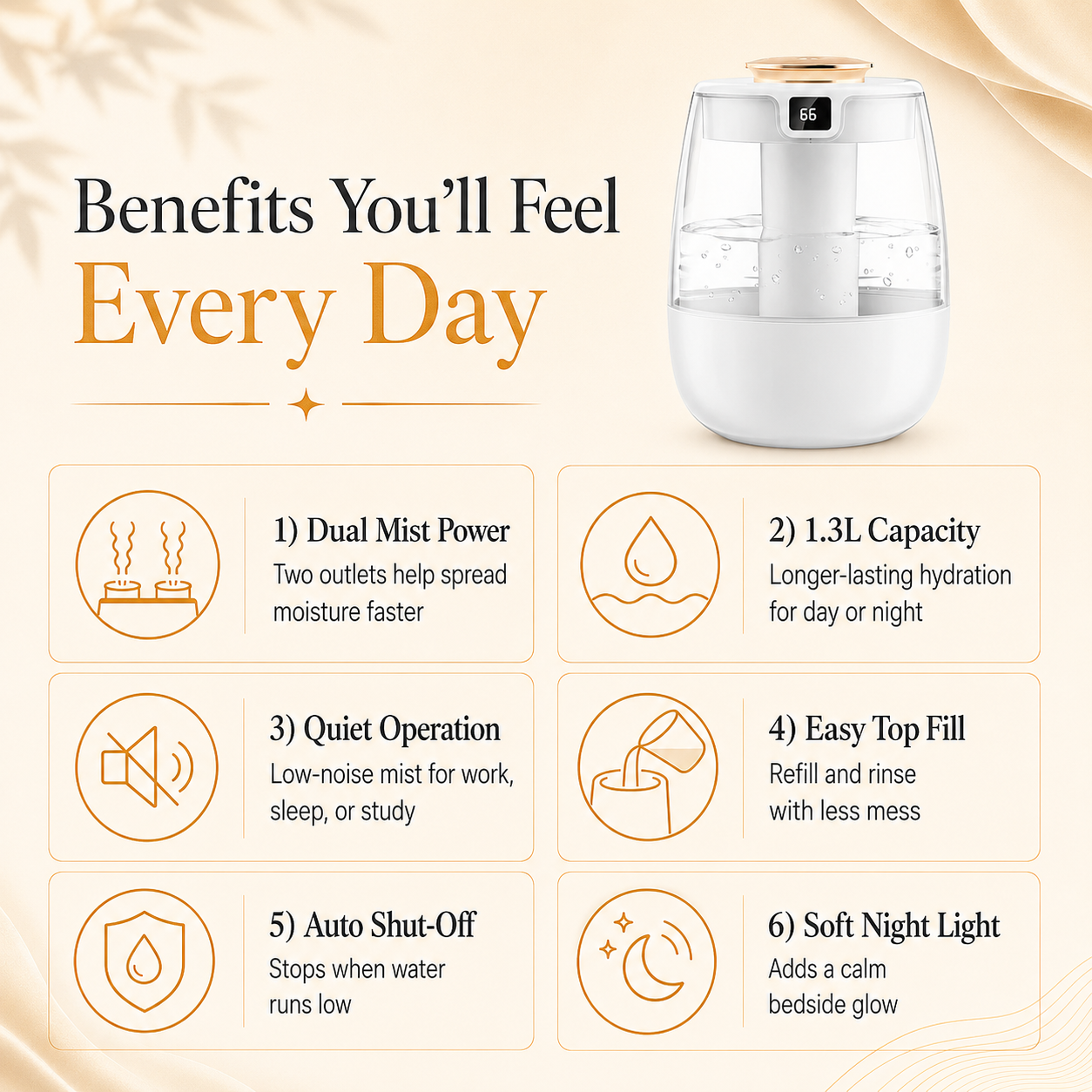 Arvora™ Cool Mist Humidifier — 1.3L Tank, Dual Spray, Up to 12H Runtime, USB, Night Light