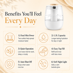 Arvora™ Cool Mist Humidifier — 1.3L Tank, Dual Spray, Up to 12H Runtime, USB, Night Light