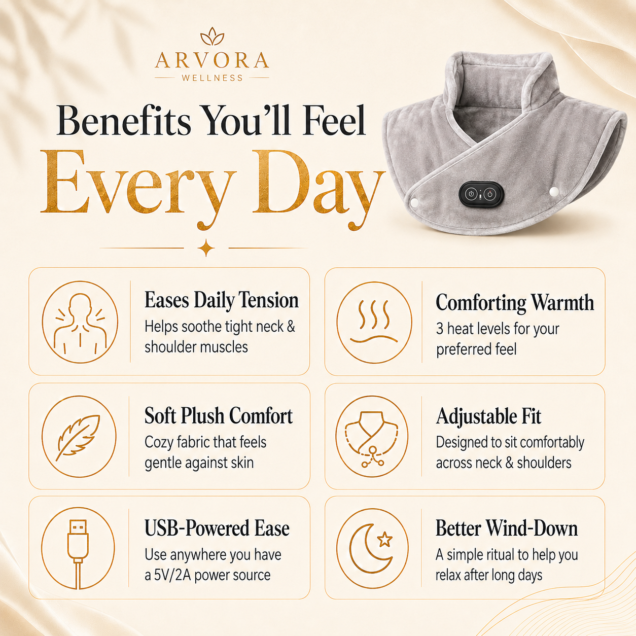 Arvora™  Heated Shoulder Wrap — USB Heat Pad for Neck & Shoulder Pain