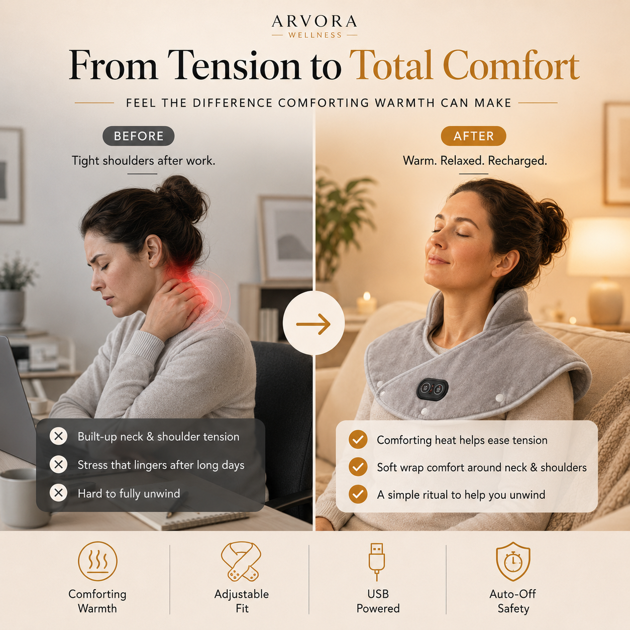 Arvora™  Heated Shoulder Wrap — USB Heat Pad for Neck & Shoulder Pain